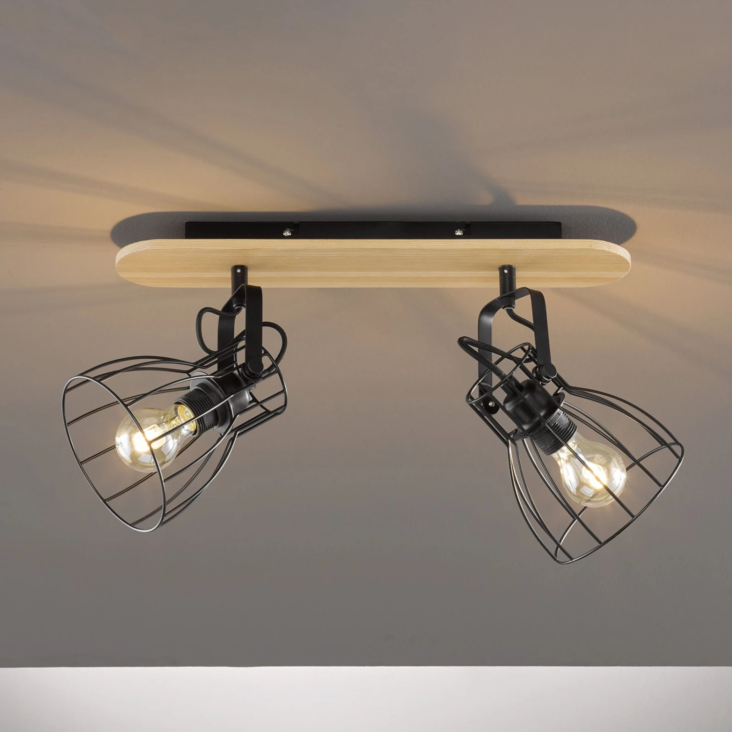 Plafonnier Die Aspect Bois Avec 2 Abat-jour Cages