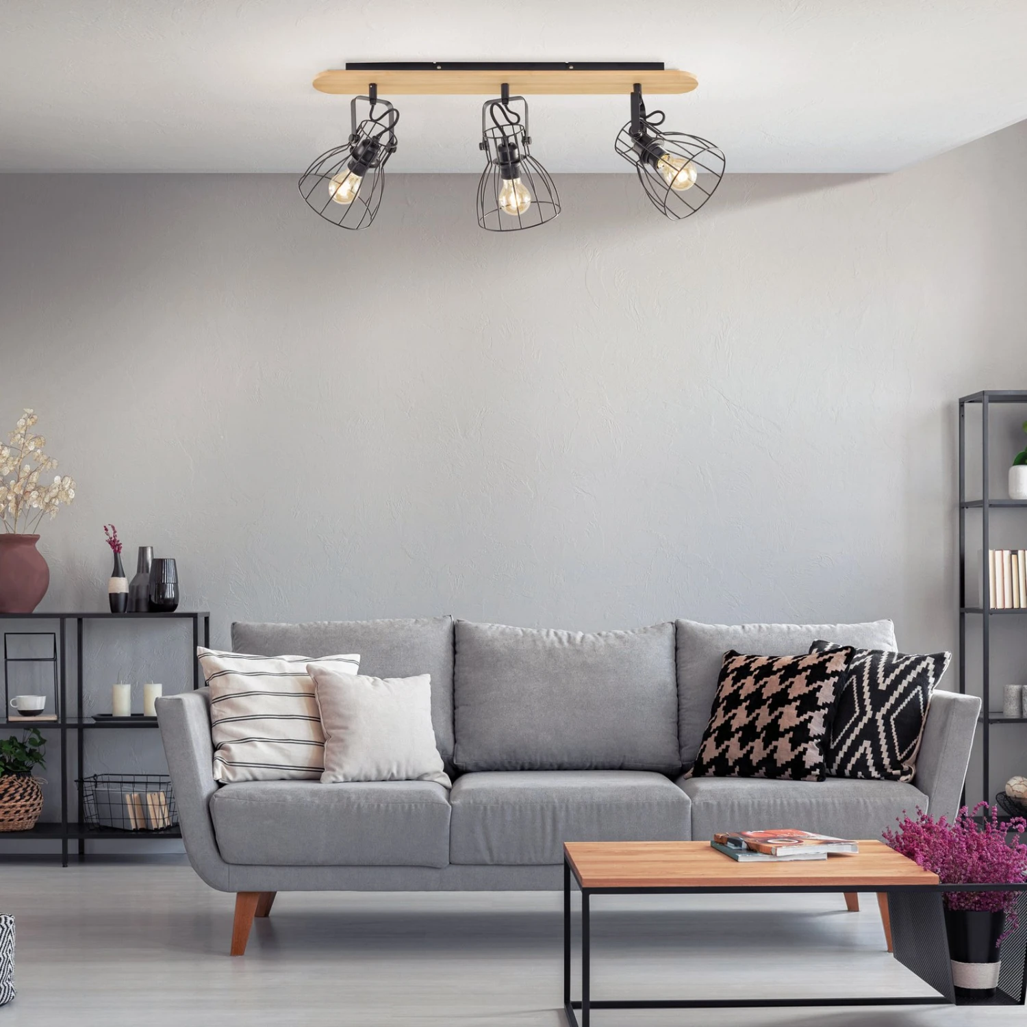 Plafonnier Die Aspect Bois Avec 3 Abat-jour Cages - Image 2